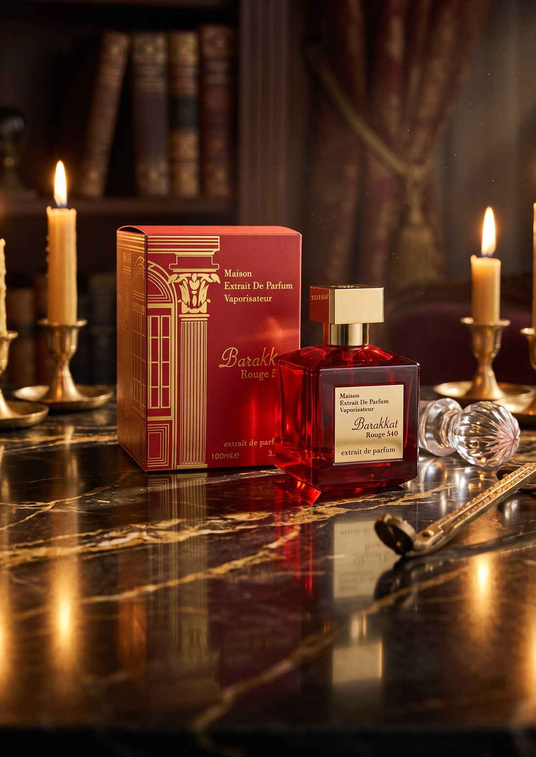 Extrait de Parfum Barakkat Rouge 540 de PDS SHOP dans son flacon rouge luxueux avec boîte sur une table en marbre