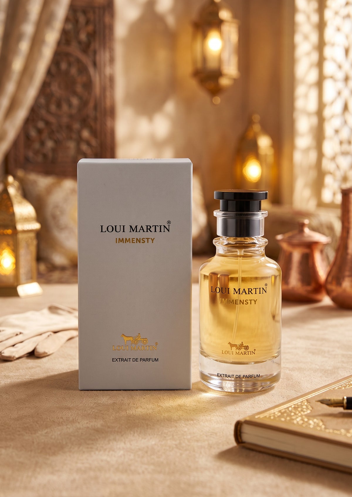 Flacon de parfum PDS SHOP Immensty avec boîte blanche sur une table élégante dans une ambiance orientale chaleureuse