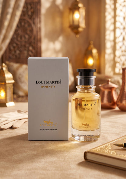 Flacon de parfum PDS SHOP Immensty avec boîte blanche sur une table élégante dans une ambiance orientale chaleureuse