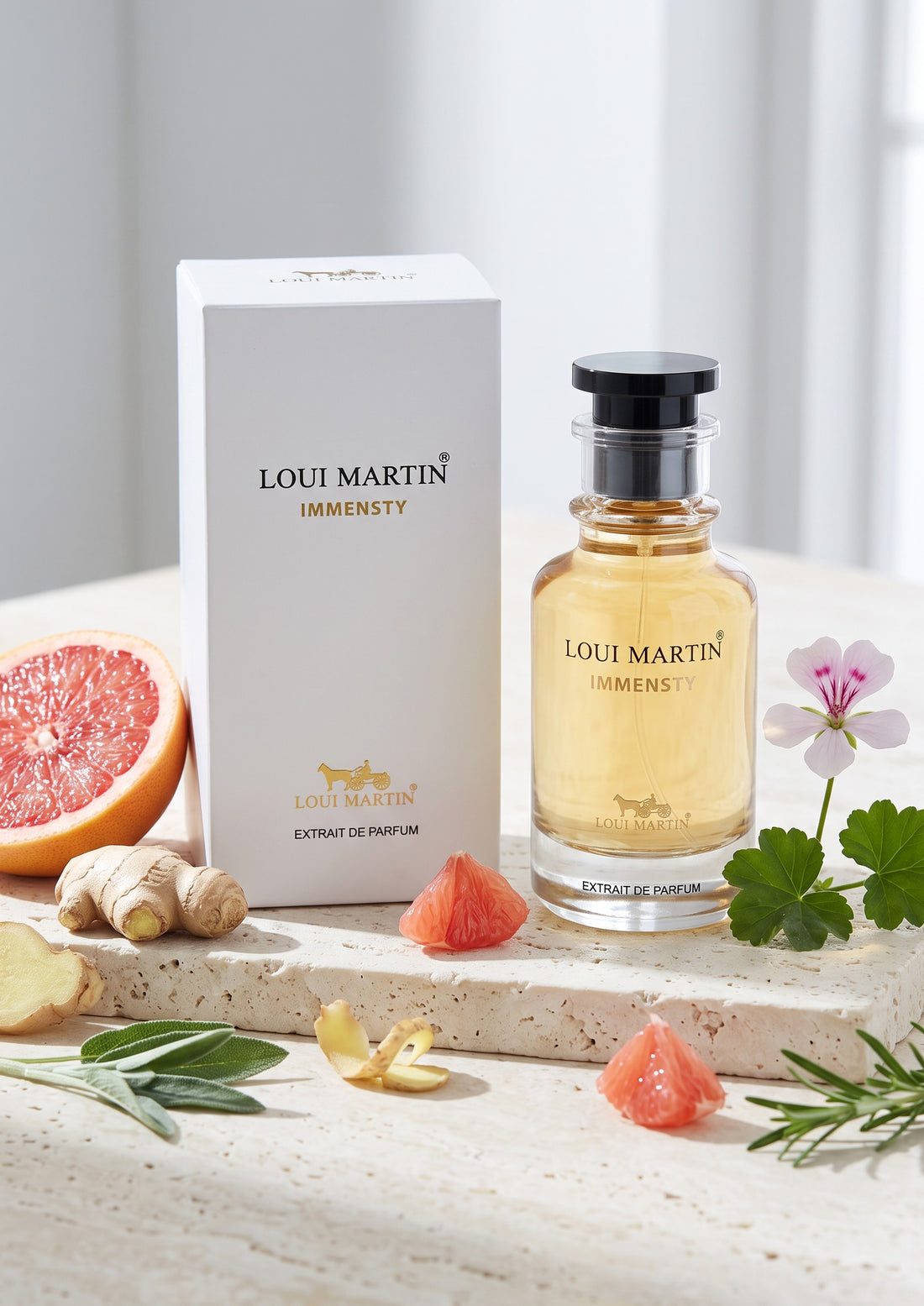 Flacon de parfum PDS SHOP Loui Martin Immensty avec sa boîte blanche, entouré de pamplemousse, gingembre et fleurs.