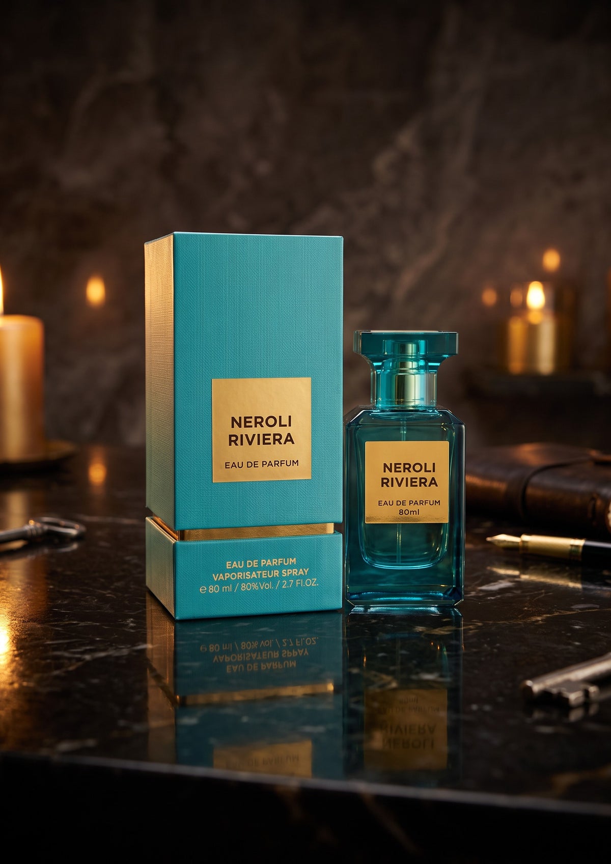 Flacon et boîte de parfum PDS SHOP Neroli Riviera 80 ml, design bleu turquoise élégant sur table en marbre sombre