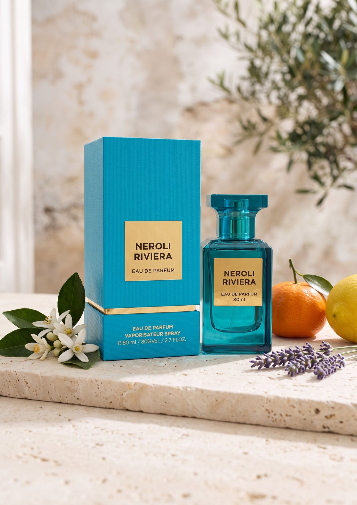 Flacon et boîte de parfum PDS SHOP Neroli Riviera 80ml, bleu turquoise, entourés de fleurs d&