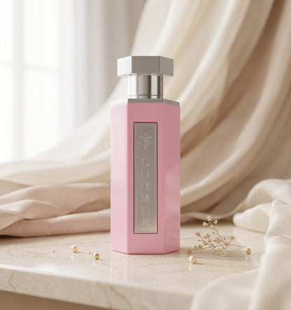Flacon de parfum PDS SHOP Summer Pink rose hexagonal avec bouchon argenté sur un socle en marbre et tissu drapé