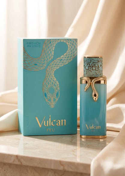 Flacon et boite de parfum PDS SHOP Vulcan Feu bleu turquoise avec un motif de serpent doré en relief