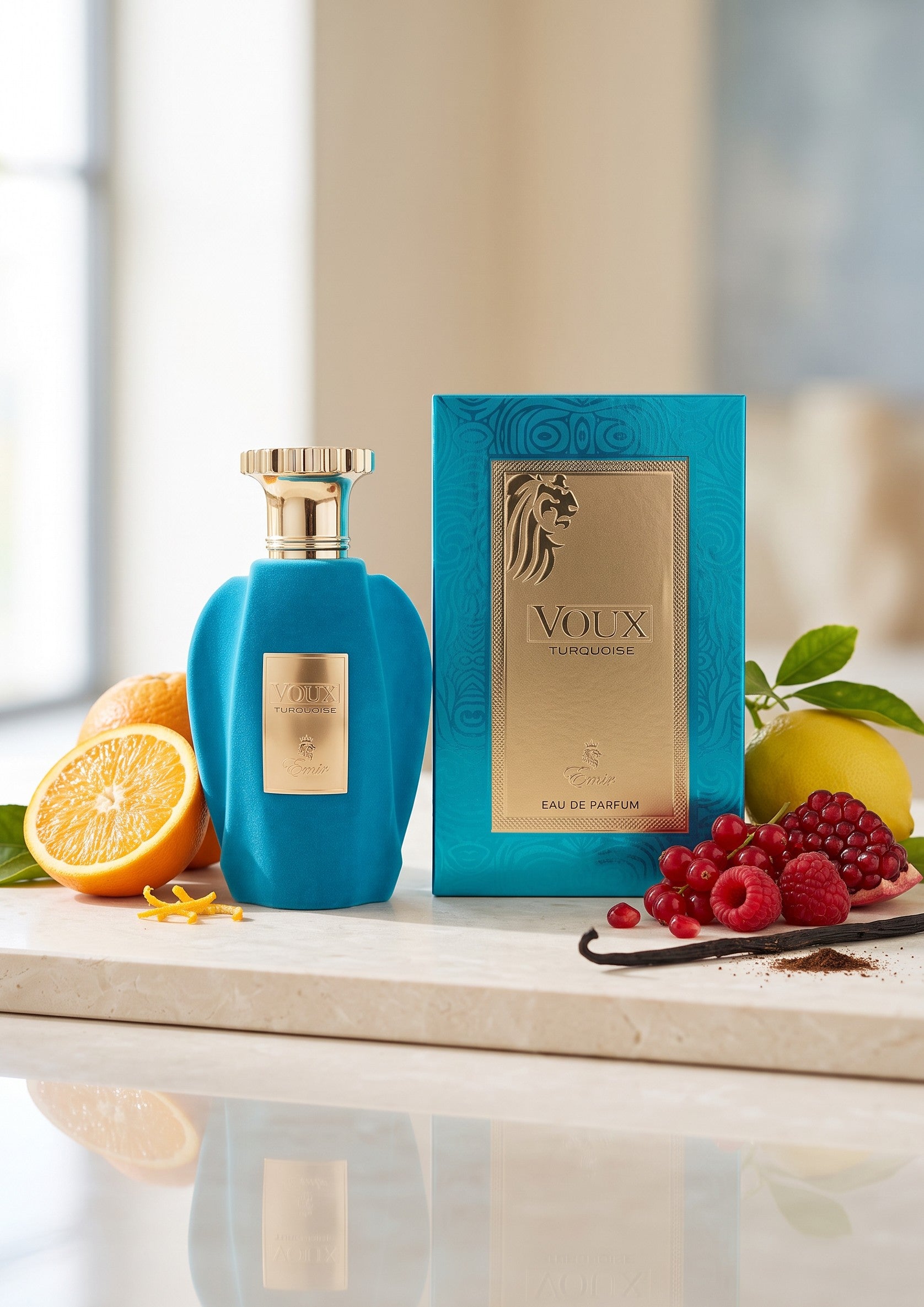 Flacon et coffret PDS SHOP Voux Turquoise Emir entourés d&