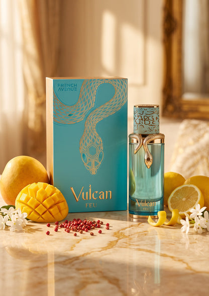 Eau de parfum unisexe PDS SHOP Vulcan Feu dans son flacon bleu orné d&